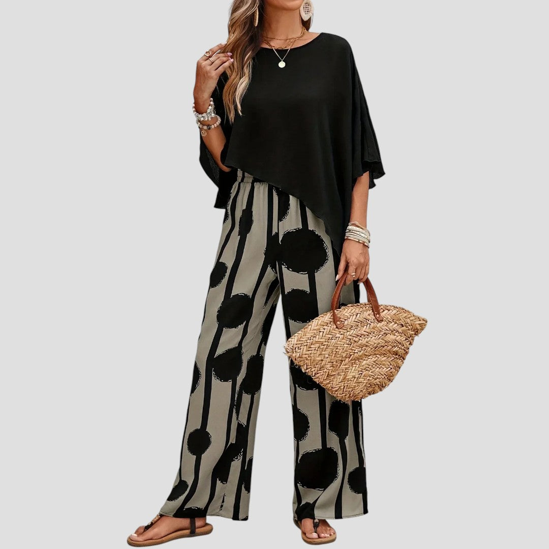 Léonie | Ensemble élégant avec top original et pantalon fluide imprimé